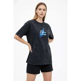 Kadın Asit Yıkamalı Oversize Tişört Future Worlds Baskılı Bisiklet Yaka Kısa Kollu Streetwear %100 Pamuk Street Style T-Shirt - Siyah