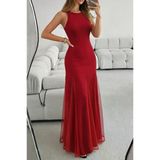 Kadın Askılı Bisiklet Yaka Etek Ucu Tül Detaylı Asimetrik Kiloş Uzun Ithal Krep Elbise - Kırmızı / 2Xl-3Xl