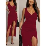 Kadın Askılı Kruvaze Yakalı önden Asimetrik Kesim Detaylı Uzun Ithal Elbise - 2XL-3XL - Bordo