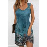 Kadın Askılı V Yakalı Kuş Gözü Detaylı Desenli Kısa Süprem Elbise - Yeşil / 2Xl-3Xl
