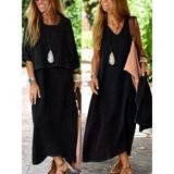 Kadın Askılı V Yakalı Uzun Pera Elbise Ve Kısa Kollu Salaş Bluz Ikili Takım - Siyah / L-Xl