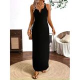 Kadın Askılı V Yakalı Yandan Yırtmaçlı Uzun Viskon Elbise - Siyah / 2Xl-3Xl