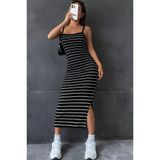 Kadın Askılı Yandan Yırtmaçlı Uzun Ottoman Elbise - L-XL - Siyah