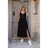 Kadın Askılı Yuvarlak Yakalı Yandan Yırtmaçlı Uzun Viskon Elbise - 2XL-3XL - Siyah