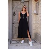 Kadın Askılı Yuvarlak Yakalı Yandan Yırtmaçlı Uzun Viskon Elbise - L-XL - Siyah