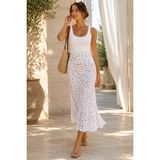 Kadın Astarlı Beyaz Bordo Çiçekli Dokulu Midi Etek