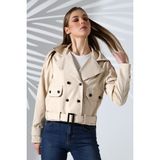 Kadın Astarlı Kemerli Cepli Su Itici Kumaş Crop Trençkot - 42 - Krem