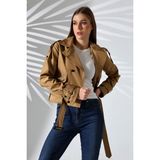 Kadın Astarlı Kemerli Cepli Su Itici Kumaş Crop Trençkot - 46 - Camel