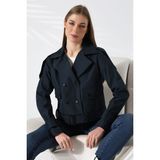 Kadın Astarlı Kemerli Cepli Su Itici Kumaş Crop Trençkot - 46 - Lacivert