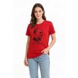 Kadın Atatürk Baskılı Tişört Kısa Kollu Bisiklet Yaka T-Shirt - Kırmızı