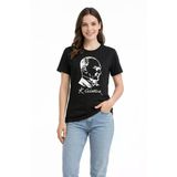 Kadın Atatürk Baskılı Tişört Kısa Kollu Bisiklet Yaka T-Shirt - Siyah