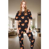 Kadın Ayıcıklı %100 Pamuklu Pijama Takımı Rahat Boru Paça Lounge Giyim Yüksek Kalite