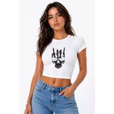 Kadın Baby Tee Crop Tişört Kuru Kafa Baskılı Dark Aesthetic Slim Fit %100 Pamuk