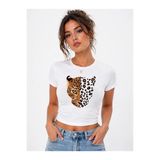 Kadın Baby Tee Crop Tişört Leopar Baskılı Slim Fit Wild Trend %100 Pamuk