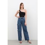 Kadin Baggy Kalip Kargo Cepli Jean Pantolon Mavi