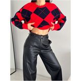 Kadın Baklava Desenli Crop Kazak, Triko Kazak - Standart - Lacivert - Kırmızı