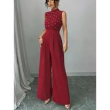 Kadın Balıkçı Yaka Kolsuz Incili Beli Kuşaklı Uzun Janjan Tulum - Kırmızı / 2Xl-3Xl
