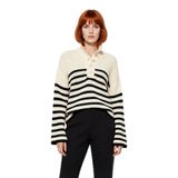 Kadın Basic Çizgili Oversize Dik Yaka Triko Kazak Uzun Kollu Crop Rahat Sonbahar Kış Kaliteli -Ekru-S