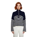 Kadın Basic Çizgili Oversize Dik Yaka Triko Kazak Uzun Kollu Crop Rahat Sonbahar Kış Kaliteli -Lacivert-S