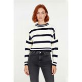 Kadın Basic Çizgili Oversize Triko Crop Kazak Düşük Kol Rahat Kesim Şık Görünüm Kaliteli -Ekru-M