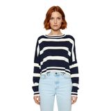 Kadın Basic Çizgili Oversize Triko Crop Kazak Düşük Kol Rahat Kesim Şık Görünüm Kaliteli -Lacivert-L