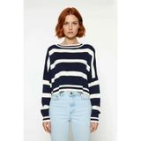 Kadın Basic Çizgili Oversize Triko Crop Kazak Düşük Kol Rahat Kesim Şık Görünüm Kaliteli -Lacivert-S