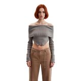 Kadın Basic Fitilli Triko Kazak Carmen Yaka Ve Super Crop Kesimiyle Modern Şıklık Sunar Kaliteli -Vizon-S