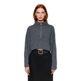 Kadın Basic Oversize Düşük Uzun Kollu Crop Fermuarlı Dik Yaka Triko Kazak Kışlık Rahat Stiller -Antrasit-M