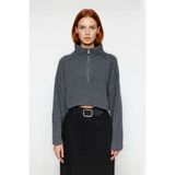 Kadın Basic Oversize Düşük Uzun Kollu Crop Fermuarlı Dik Yaka Triko Kazak Kışlık Rahat Stiller -Antrasit-S