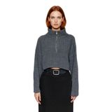 Kadın Basic Oversize Düşük Uzun Kollu Crop Fermuarlı Dik Yaka Triko Kazak Kışlık Rahat Stiller -Antrasit-XS
