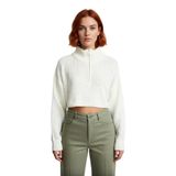 Kadın Basic Oversize Düşük Uzun Kollu Crop Fermuarlı Dik Yaka Triko Kazak Kışlık Rahat Stiller -Ekru-M