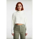 Kadın Basic Oversize Düşük Uzun Kollu Crop Fermuarlı Dik Yaka Triko Kazak Kışlık Rahat Stiller -Ekru-S