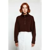 Kadın Basic Oversize Düşük Uzun Kollu Crop Fermuarlı Dik Yaka Triko Kazak Kışlık Rahat Stiller -Kahverengi-S