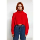 Kadın Basic Oversize Düşük Uzun Kollu Crop Fermuarlı Dik Yaka Triko Kazak Kışlık Rahat Stiller -Kırmızı-M