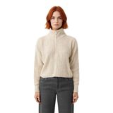 Kadın Basic Oversize Düşük Uzun Kollu Crop Fermuarlı Dik Yaka Triko Kazak Kışlık Rahat Stiller -Taş-XS