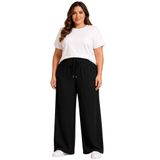 Kadın Battal Beden Bürümcük Kumaş Palazzo Pantolon, Beli Lastikli Bağcıklı Bol Paça Yazlık Rahat Günlük Pantolon 2XL-6XL (Siyah, 3XL)
