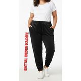 Kadın Bayan Battal Büyük Beden Fransız Kadife Çift Cepli Paça Manşetli Bel Lastikli Kordonlu Bol Rahat Kalıp Eşofman Altı Pijama Tayt Pantolon - 4XL - ES503-Siyah