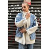 Kadın Bej Dik Yakalı Jean Detaylı Peluş Mont - Oversize Kalıp - Mavi