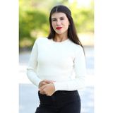 Kadın Bej Fitilli Crop Triko Kazak Kısa Model Akrilik Kumaş Ribanalı - 3122 - Standart