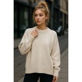 Kadın Bej Oversize Bisiklet Yaka Triko Kazak - Standart