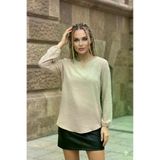 Kadın Bej Ponponlu Kolu Lastikli Oval Kesim Yırtmaçlı Yaka Tunik Bluz 2842231