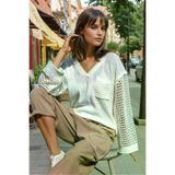 Kadın Bej Salaş Kolları File Detaylı Kapişonlu Örgü Triko Kazak-Sweatshirt Cck95006260