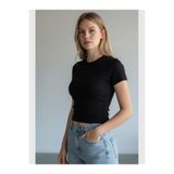 Kadın Bele Oturan Crop Tişört Siyah XL