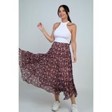 Kadın Beli Lastikli Astarlı Mini Çiçekli Midi Kraşlı Üçgen Etek - Mürdüm