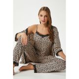 Kadın Betty Leopar 3'lü Paket Sabahlıklı Ip Askılı Dantelli Fitilli Örme Pijama Takımı - Leopar - Bej