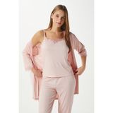 Kadın Betty Somon Kalpli 3'lü Paket Sabahlıklı Ip Askılı Dantelli Fitilli Örme Pijama Takımı - XL