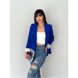 Kadın Beyaz Astarlı Blazer Ceket Kol Içi Çizgili Katlama Detaylı - Saks Mavi - 40 - Regular Fit