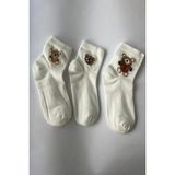 Kadın Beyaz Ayıcıklı Kolej Çorabı Teddy Bear Nakışlı Fitilli Pamuklu 3'lü Soket - 36 - 40