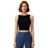 Kadın Beyaz Fitted Viskon Ribana Bluz Kayık Yaka İnce Askılı Crop Kesim Günlük Şık ve Konforlu_Siyah-M
