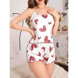 Kadın Beyaz Kalp Desenli Şortlu Gecelik Pijama Takımı 5052 - S - M